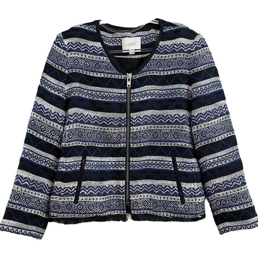 Ann Taylor LOFT Tweed Fringe Zip Southwest Aztec Jacket Navy Blue Black Size 4